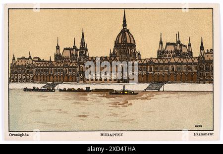 Postkarte der Wiener Werkstätte Nr. 465 : Budapest, Parlament Franz Bernhard Kuhn (1889-1952), artiste, Wiener Werkstätte, maison d'édition Timtom/L. Hilzensauer, parlement 1911 Banque D'Images