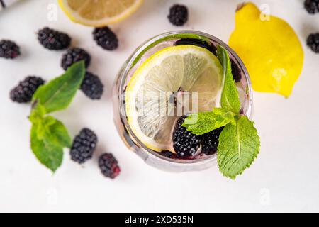 Limonade de mûrier ou cocktail mojito, boisson rafraîchissante glacée froide d'été avec citron, menthe et beaucoup de baies de mûrier fraîches Banque D'Images