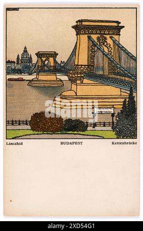 Postkarte der Wiener Werkstätte Nr. 458 : Budapest, Kettenbrücke Franz Bernhard Kuhn (1889—1952), artiste, Wiener Werkstätte, maison d'édition Timtom/L. Hilzensauer, pont 1911 Banque D'Images