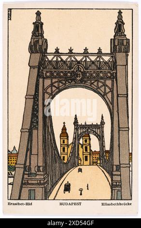 Postkarte der Wiener Werkstätte Nr. 459 : Budapest, Elisabethbrücke Franz Bernhard Kuhn (1889—1952), artiste, Wiener Werkstätte, maison d'édition Timtom/L. Hilzensauer, pont 1911 Banque D'Images