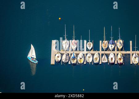 Vue aérienne, activités de loisirs à Unterbacher See, bateau port amarrage bateaux voiliers, Unterbach, Düsseldorf, Rhénanie, Rhénanie du Nord-Westphalie, GER Banque D'Images