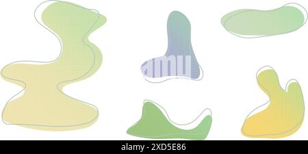 Jaune vert liquide demi-teinte gouttes d'eau formes ensemble, éclaboussures collection. Peinture tache, tache, flaque de pluie, huile blobs design graphique abstrait irrégulier Illustration de Vecteur