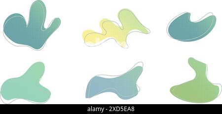 Jaune vert liquide demi-teinte gouttes d'eau formes ensemble, éclaboussures collection. Peinture tache, tache, flaque de pluie, huile blobs design graphique abstrait irrégulier Illustration de Vecteur