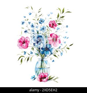 Aquarelle fleurs bleues et roses dans un vase. Vecteur. Illustration de Vecteur