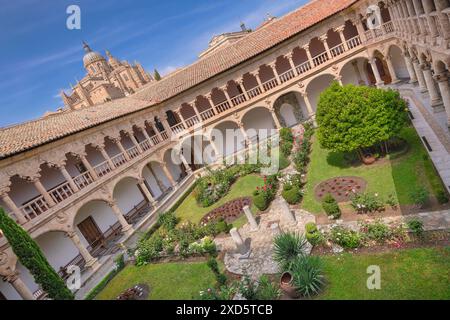 Espagne, Castille et Léon, Salamanque, Convento de las Duenas qui est un couvent dominicain construit aux 15ème et 16ème siècles, vue du cloître supérieur avec la cathédrale de Salamanque en arrière-plan. Banque D'Images