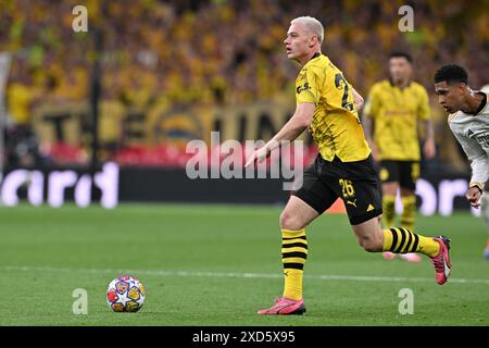 Julian Ryerson (26) de Dortmund photographié lors d'un match de football entre l'allemand Borussia Dortmund et l'espagnol Real Madrid CF lors de la finale de l'UEFA Champions League de la saison 2023-24, le dimanche 1er juin 2024 à Londres , Royaume-Uni . PHOTO SPORTPIX | David Catry Banque D'Images