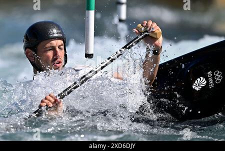 Waltham Cross, Royaume-Uni. 20 juin 2024. Journée des médias en canoë. Lee Valley White Water Centre. Waltham Cross. Ryan Westley lors de la journée des médias pré-Paris2024 Jeux Olympiques au Lee Valley White Water Centre, Royaume-Uni. Crédit : Sport in Pictures/Alamy Live News Banque D'Images