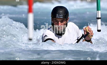 Waltham Cross, Royaume-Uni. 20 juin 2024. Journée des médias en canoë. Lee Valley White Water Centre. Waltham Cross. Ryan Westley lors de la journée des médias pré-Paris2024 Jeux Olympiques au Lee Valley White Water Centre, Royaume-Uni. Crédit : Sport in Pictures/Alamy Live News Banque D'Images