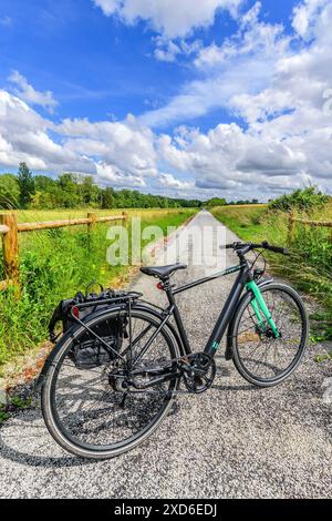 Tenways e-bike on 'voie verte' voie verte voie ferrée convertie - Preuilly-sur-Claise, Indre-et-Loire (37), France. Banque D'Images