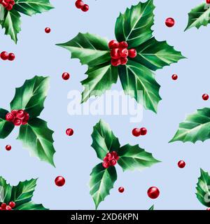 Motif sans couture Holly Berry. Illustration de symbole d'aquarelle botanique de décembre du nouvel an isolée sur fond. Pour designers, décoration, boutique, pour Banque D'Images