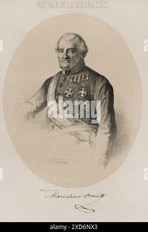 Marcelino Oráa (1788-1851) Militaire et politique espagnol. Gouverneur militaire et ministre de la Guerre. Participe à la première Guerre carliste. Capitaine général des Philippines. Portrait. Dessin de José Cuevas. Lithographie. Historia de la guerra civil y de los partidos liberal y carlista (histoire de la guerre civile et des partis libéral et carliste), par Antonio Pirala. Volume IV. Madrid, 1869. Auteur : José Cuevas (1844-env. 1929-1930). Artiste espagnol. Banque D'Images