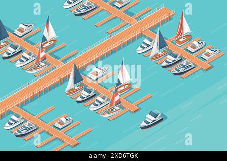 Vue isométrique en trois dimensions présentant une illustration vectorielle de voilier de jetée de marina et de port de yacht Illustration de Vecteur