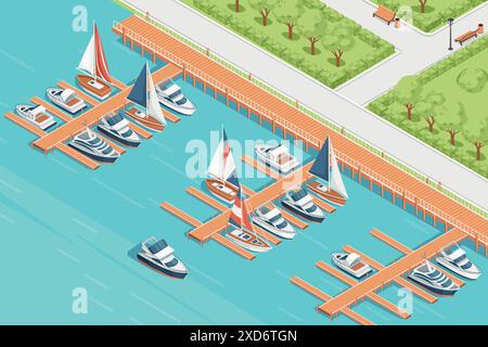 Vue isométrique en trois dimensions présentant une illustration vectorielle de voilier de jetée de marina et de port de yacht Illustration de Vecteur