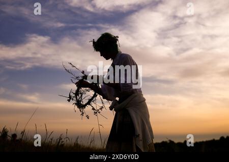 Cracovie, Pologne. 20 juin 2024. Une jeune fille cueille des plantes sauvages tout en célébrant le solstice d'été pendant la 'nuit de Kupala' près de la butte de Krakus à Cracovie, en Pologne, le 20 juin 2024. Le KupaÅ‚une nuit est la fête des vieux slaves tombant sur la nuit la plus courte de l'année. Au cours de cette nuit, des rituels ont été exécutés tels que la cueillette et la fabrication de couronnes à partir d'herbes et de fleurs sauvages par des filles et des jeunes femmes, l'envoi de guirlandes sur l'eau, l'allumage de feux, la danse, le chant et le saut par-dessus le feu. (Crédit image : © Beata Zawrzel/ZUMA Press Wire) USAGE ÉDITORIAL SEULEMENT! Non destiné à UN USAGE commercial ! Banque D'Images