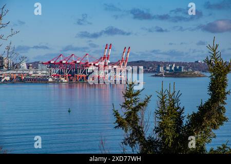 Grues à conteneurs au port du lieu historique national de la Redoute York à Fergusons Cove, Nouvelle-Écosse, Canada Banque D'Images