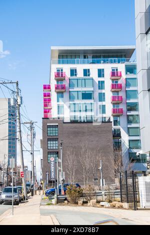 Balcons bloqués en verre rose sur un immeuble d'appartements au centre-ville de Halifax, Nouvelle-Écosse, Canada Banque D'Images