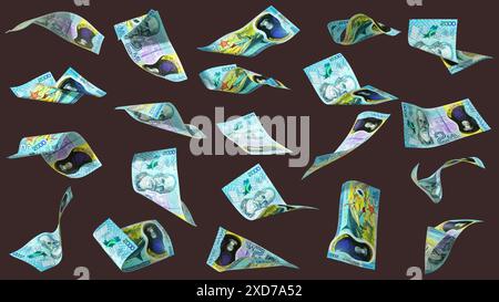Rendu 3D de l'ensemble de notes Colón costaricaines volant dans différents angles et orientations isolés sur fond sombre. Monnaie du Costa Rica Banque D'Images