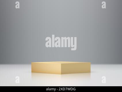 Luxueux podium de boîte en or 3D sur surface blanche avec fond gris pour l'affichage élégant du produit et la maquette Illustration de Vecteur