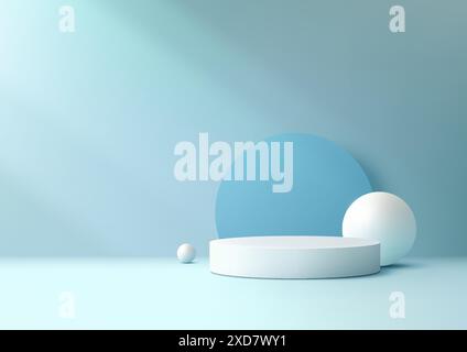 Podium blanc en 3D minimal avec fond cercle bleu et faisceau lumineux pour la présentation du produit, la maquette et la vitrine Illustration de Vecteur