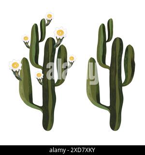 Saguaro. Cactus en fleurs avec des fleurs blanches et jaunes. Plantes pour la maison. Floriculture. Flore du désert. Illustration aquarelle isolée sur blanc Banque D'Images