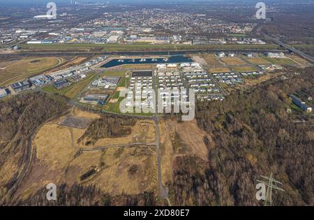 Vue aérienne, Marina de Stölting et chantier de construction dans le quartier résidentiel du quartier portuaire de Graf Bismarck sur le canal Rhin-Herne, vue sur la résidence Banque D'Images