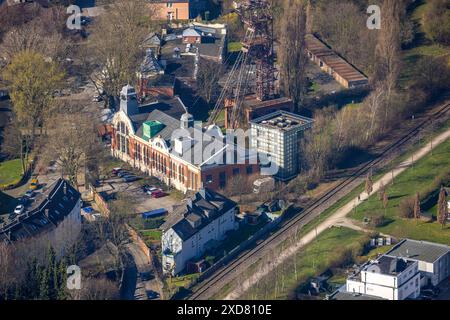 Vue aérienne, bâtiment stadt.bau.raum, lieu de l'événement sous la protection du monument, puits Oberschuir avec tour d'enroulement, Feldmark, Gelsenkirchen, Ruhr sont Banque D'Images