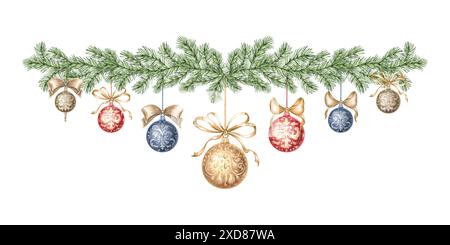 Boules d'arbre de Noël avec des arcs sur la branche d'épicéa. Illustration d'aquarelle dessinée à la main. Décoration de Noël sur PIN, brindille d'arbre de sapin. Nouvel an vintage Banque D'Images
