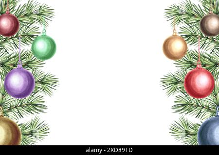 Boules d'arbre de Noël avec des arcs sur la branche d'épicéa. Illustration d'aquarelle dessinée à la main. Noël, nouvel an décoration sur PIN, branche de sapin. Vintage Banque D'Images