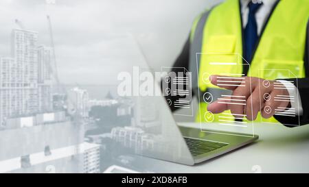 Ingénieur ou architecte vérification de la liste des documents et approbation du projet, concept de permis de bâtiments approuvés avec bâtiment résidentiel approuvé p Banque D'Images