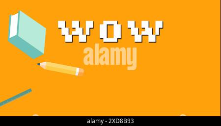 Image d'un texte wow et d'icônes d'école de crayon sur fond orange Banque D'Images