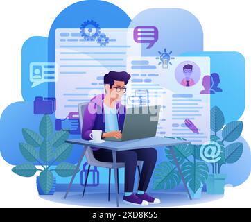 Man Laptop CV CV recherche d'emploi en ligne Cartoon Illustration de Vecteur