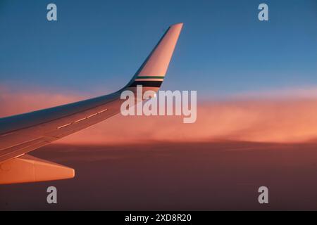 vue de l'aile d'avion par la fenêtre au coucher du soleil Banque D'Images