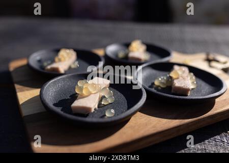 Entrées gourmandes sur assiettes noires, garnies de perles moléculaires Banque D'Images