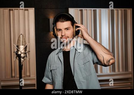 Un musicien dans un studio d'enregistrement portant des écouteurs tout en travaillant sur la musique pour une répétition de groupe. Banque D'Images