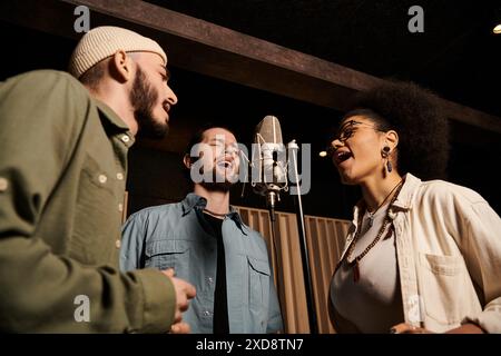 Trois individus chantent ensemble passionnément dans un studio d'enregistrement lors d'une répétition de groupe de musique. Banque D'Images