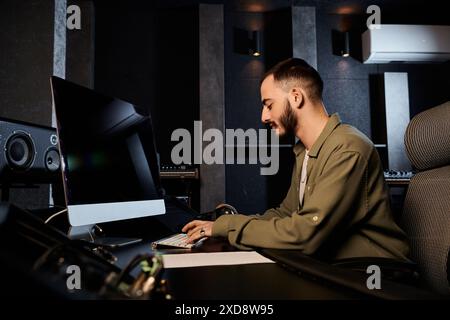 Un homme est assis à un bureau dans un studio d'enregistrement, concentré sur le mixage de la musique pour une répétition de groupe. Banque D'Images