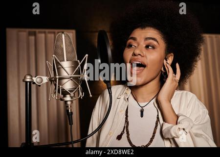 Femme talentueuse interprète passionnément la voix dans le microphone pendant la répétition du groupe de musique dans le studio d'enregistrement. Banque D'Images