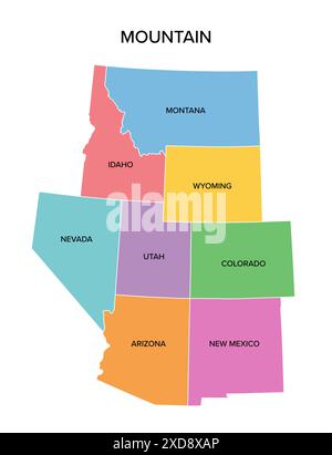 états de montagne, carte politique multicolore. Division de recensement des États-Unis de la région Ouest. Banque D'Images