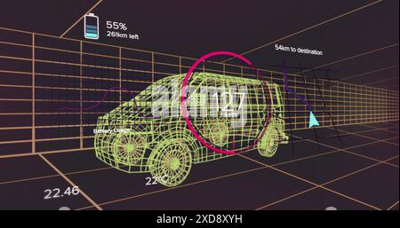 Image d'un cercle de chargement avec des chiffres et une icône de batterie au-dessus du modèle 3D de fourgonnette contre le motif de grille Banque D'Images