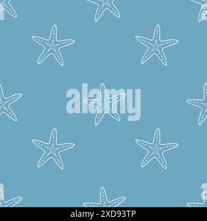 Motif bleu mer avec étoile de mer blanche dans le style doodle, océan, fond avec habitants de la mer, monde sous-marin. Illustration vectorielle Illustration de Vecteur