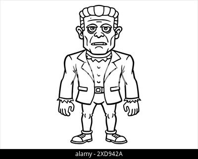 Contour noir du monstre Frankenstein isolé sur un fond blanc. Concept d'Halloween, personnage d'horreur, style comique, créature effrayante. Print, ico Illustration de Vecteur