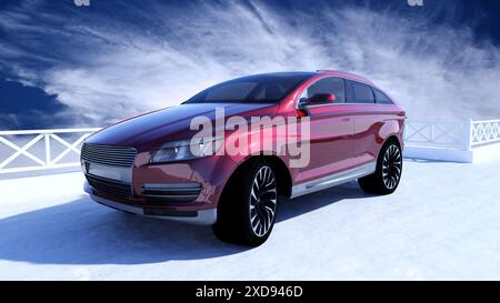 SUV rouge sous un ciel méditerranien bleu dynamique Banque D'Images