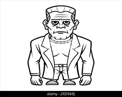 Contour noir du monstre Frankenstein isolé sur un fond blanc. Concept d'Halloween, personnage d'horreur, style comique, créature effrayante. Print, ico Illustration de Vecteur