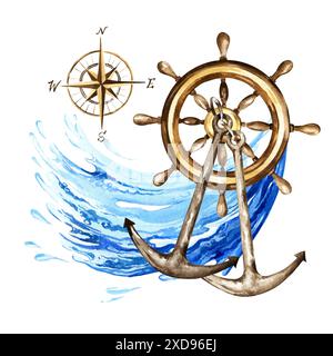 aquarelle vintage marron texturé volant de bateau, rose du vent de navigation, directions cardinales, vieille corde de mer, illustration marine contre le dos Banque D'Images