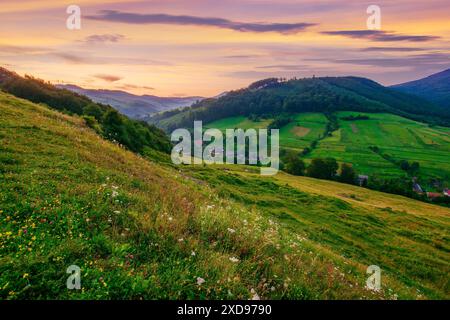 village dans la vallée entre collines herbeuses à l'aube. paysage rural de transcarpathie, ukraine. paysage de campagne avec ciel rouge au-dessus de la moun des carpates Banque D'Images