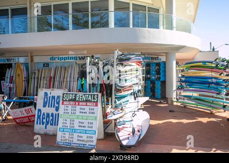 Magasin de location de planches de surf dans la banlieue de Manly Beach de Sydney, NSW, Australie, magasin effectue également des réparations de planches de surf et loue des combinaisons de plongée Banque D'Images