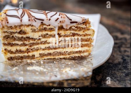Vienne, Autriche, 18 août 2022. Gros plan d'une délicieuse tranche de gâteau au chocolat : une spécialité viennoise typique. Banque D'Images