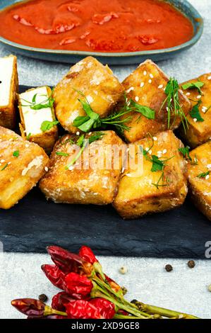 Tofu au fromage de soja rôti sur l'assiette. Banque D'Images