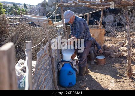 20 juin 2024 : Izmir, Turquie le 20 juin 2024 : Sukru Sisman, propriétaire d'animaux et éleveur de Karaburun, traite ses chèvres poilues tous les matins et tous les soirs. L'élevage de chèvres, élément important de l'ancienne culture nomade en Anatolie, poursuit sa tradition séculaire sur la montagne Akdag à Karaburun. La famille Sisman, qui gagne sa vie en élevant des chèvres, passe 6 mois par an dans une cabane sur le plateau d’Akdag à une altitude de 1200 mètres de chez elle. (Crédit image : © Tolga Ildun/ZUMA Press Wire) USAGE ÉDITORIAL SEULEMENT! Non destiné à UN USAGE commercial ! Banque D'Images