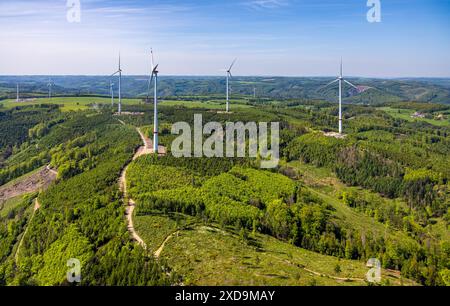 Vue aérienne, site de construction du parc éolien de Stoppelberg entre Hohenlimburg et Brechtefeld, nouvelles éoliennes dans la zone forestière endommagée par la forêt, Veserd Banque D'Images